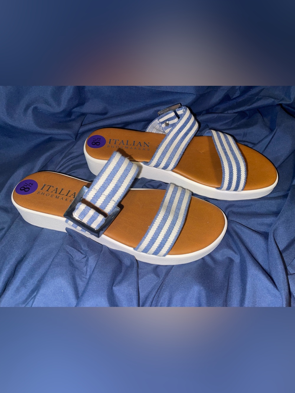 Italian Shoemakers Blue & White Striped Platform Sandals with Buckle